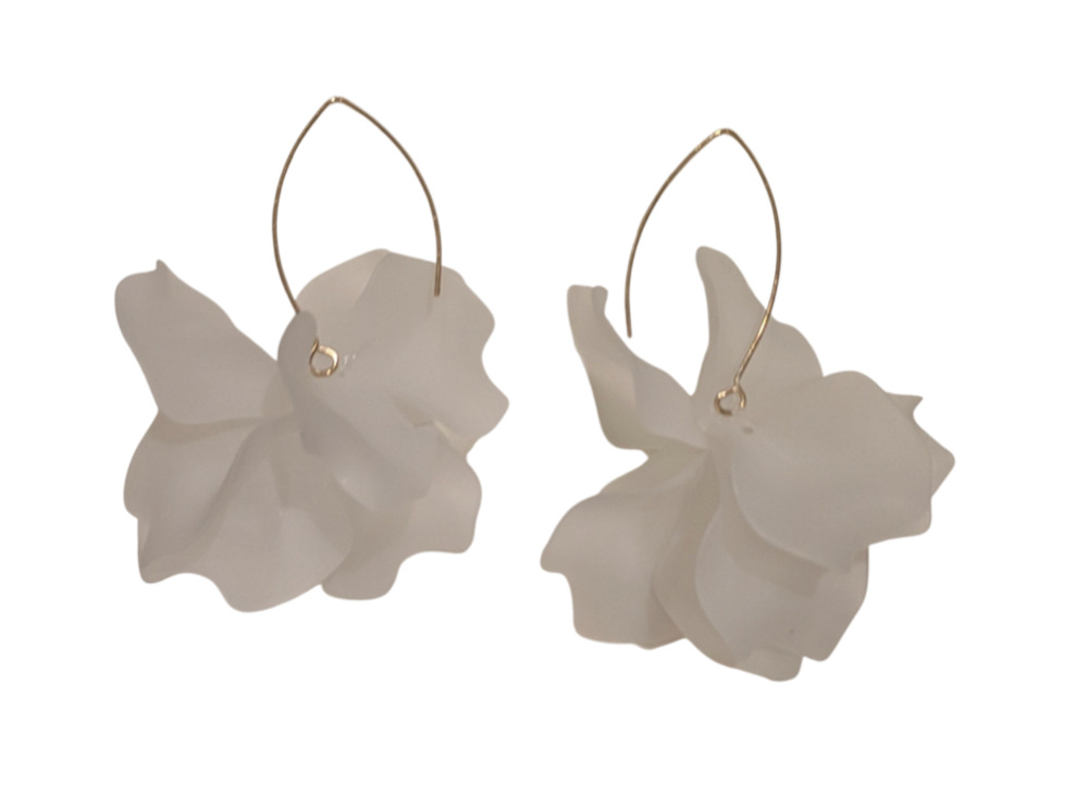 White Acrylic Flower Petal Drop Earrings Gold Tone Hooks